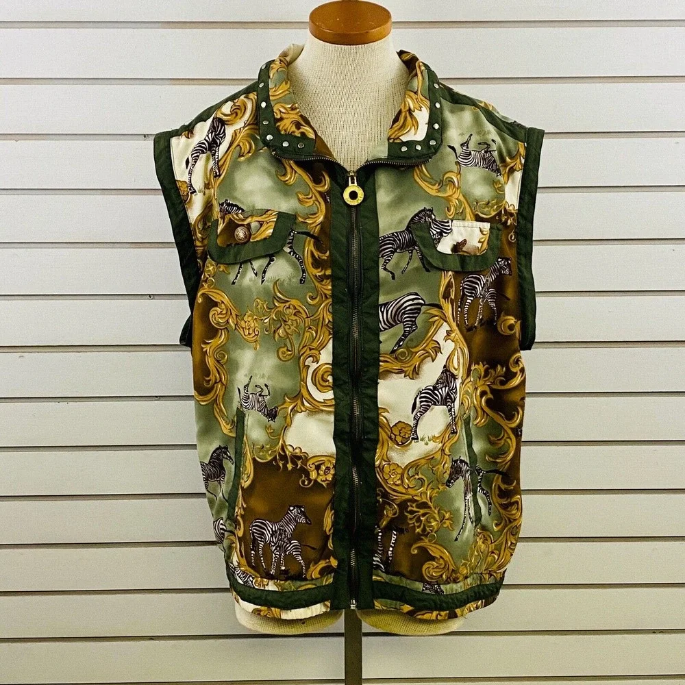 Vintage Womens L‎ Mureli Windbreaker Jacket Zebra Green Zip Off Sleeves Vest